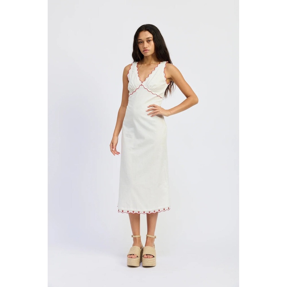 Jacquie The Label Bonnie Embroidered Midi White Strawberry Ric Rac Beaded Tassel